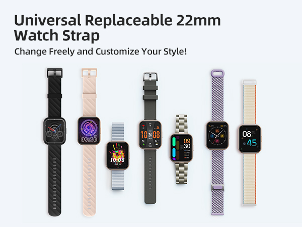 Assortment of 22mm watch straps in various colors and styles, compatible with different smartwatch models. Straps shown in black, beige, metallic, purple, and white.