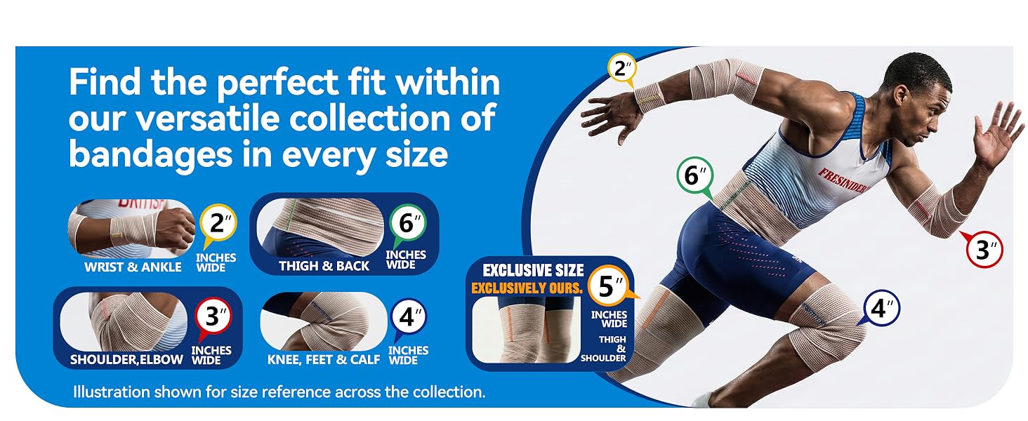 Elastic bandage size options for wrist, elbow, knee, ankle, thigh and back