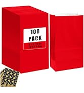 Bakepacker 100 Pcs Red Treat Paper Bags with 100 Stickers 5.1"x3.1"x9.4" Small Party Gift Bag Sna...