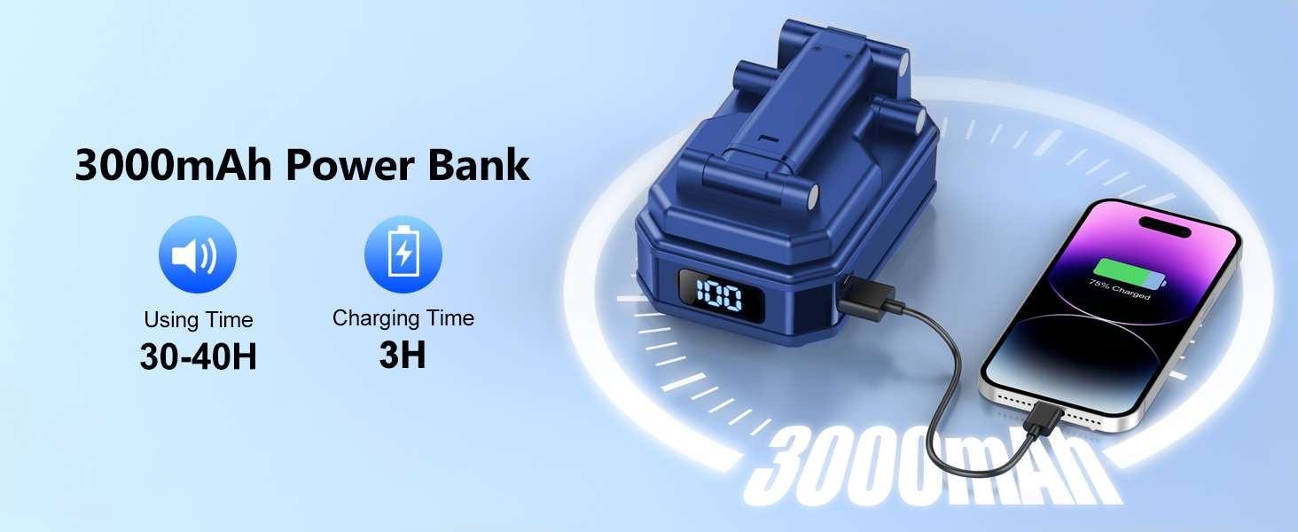 Text reads '3000mAh Power Bank', '30-40H', '3H'. Promotional image showing portable power bank charging multiple devices with battery duration indicators.