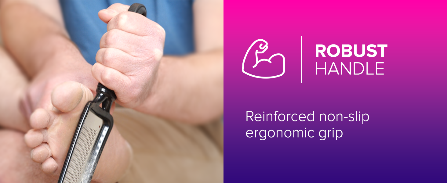 Close-up of hands gripping exercise equipment handle. Pink text reads 'ROBUST HANDLE' with muscular arm icon. Advertises reinforced non-slip ergonomic grip.