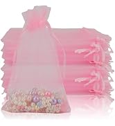 100PCS Organza Bags, 4x6 inch Small Mesh Bags Drawstring, Pink Sheer Organza Bags, Party Favor Ba...