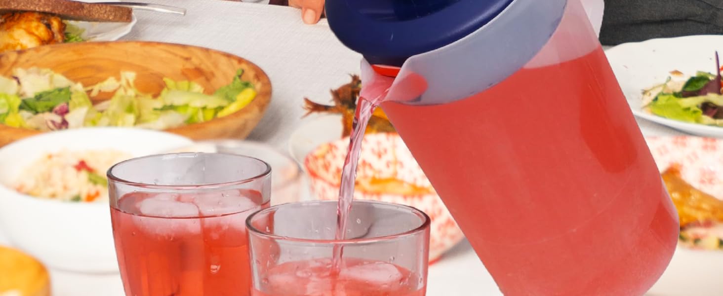 Dishwasher-safe plastic pitcher, BPA-free, with wide mouth and easy-pour lid for beverages.