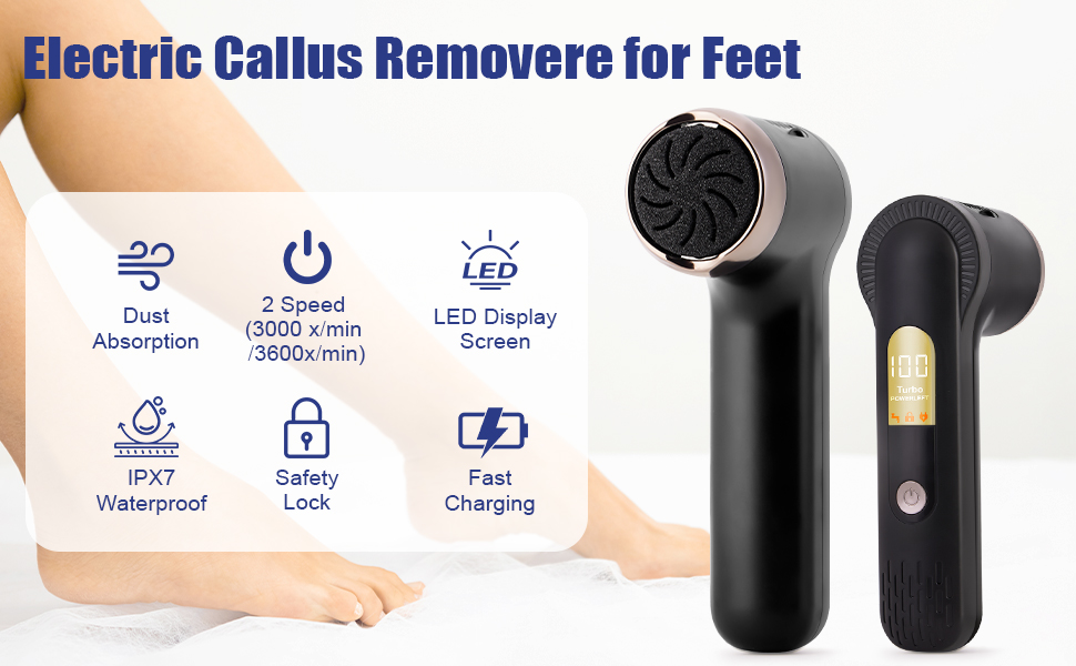 Electric callus remover for feet. Black handheld device with rotating head. Features include dust absorption, 2 speed settings, LED display, waterproof design, safety lock, and fast charging.