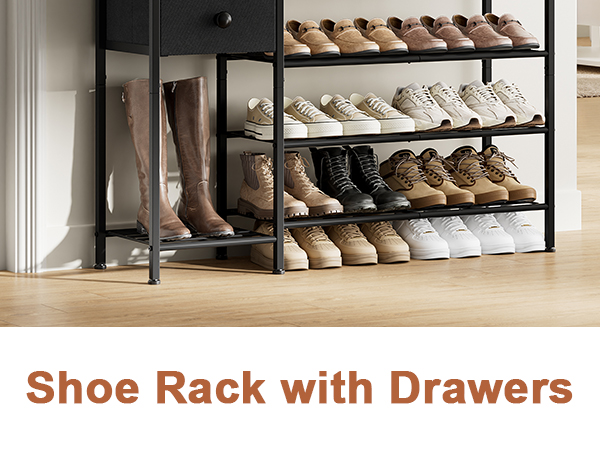 5-Tier Shoe Rack with 2 Fabric Drawers, Metal Frame and Wooden Board Shoe Organizer for 16-20 Pairs