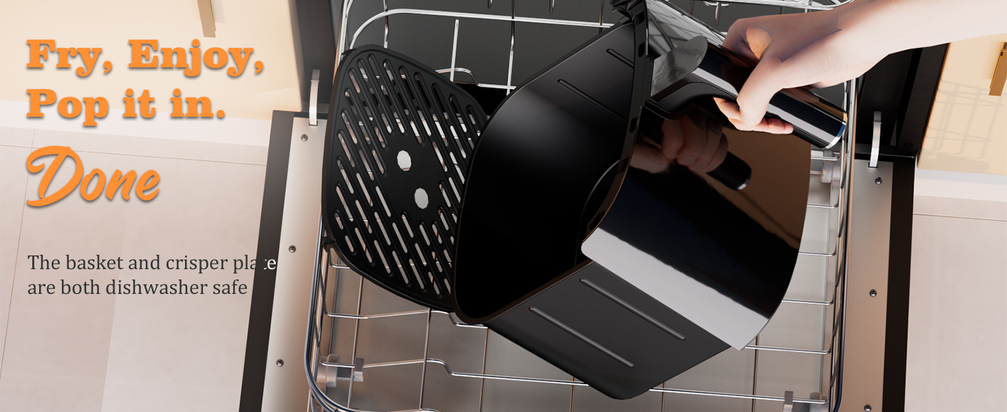 The non-stick basket and removable parts are dishwasher safe.