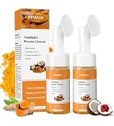 2Pcs Turmeric Face Wash with Brush,Turmeric Facial Cleanser Foam,Foaming Face Cleanser,Deep Clean...