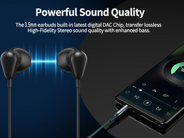3.5mm Earbuds Hi-Fi Stereo Headphone Bass Wired Earphones with Mic Volume Control