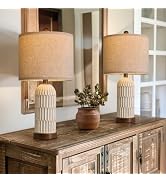 OYEARS 22.5" Bedside Table Lamps Set of 2, Farmhouse Table Lamp with USB A+C Charging Ports,Vinta...