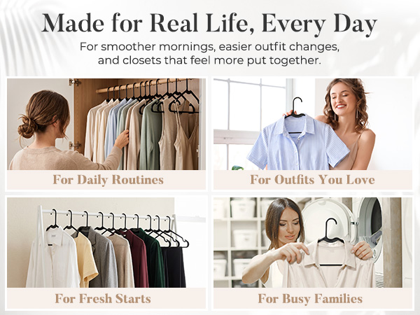 Confident, smiling woman holding a hanger in a well-organized closet