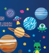 Cartoon space-themed illustration with planets, stars, and alien characters on dark blue background.