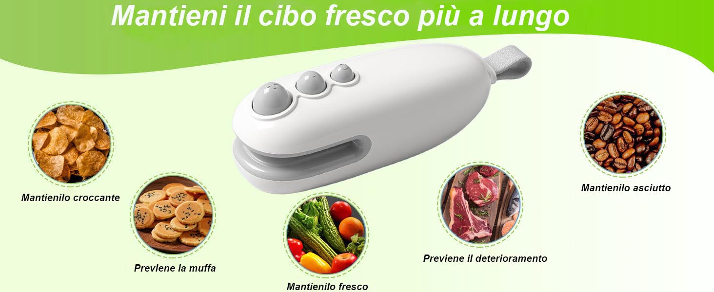 Text reads 'Mantieni il cibo fresco più a lungo.' Multiple product images showing food storage system with various preserved foods and vacuum sealing functionality.