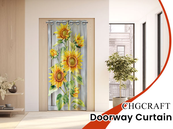 Doorway curtain featuring vibrant sunflower design against blue sky background, shown in home interior setting.