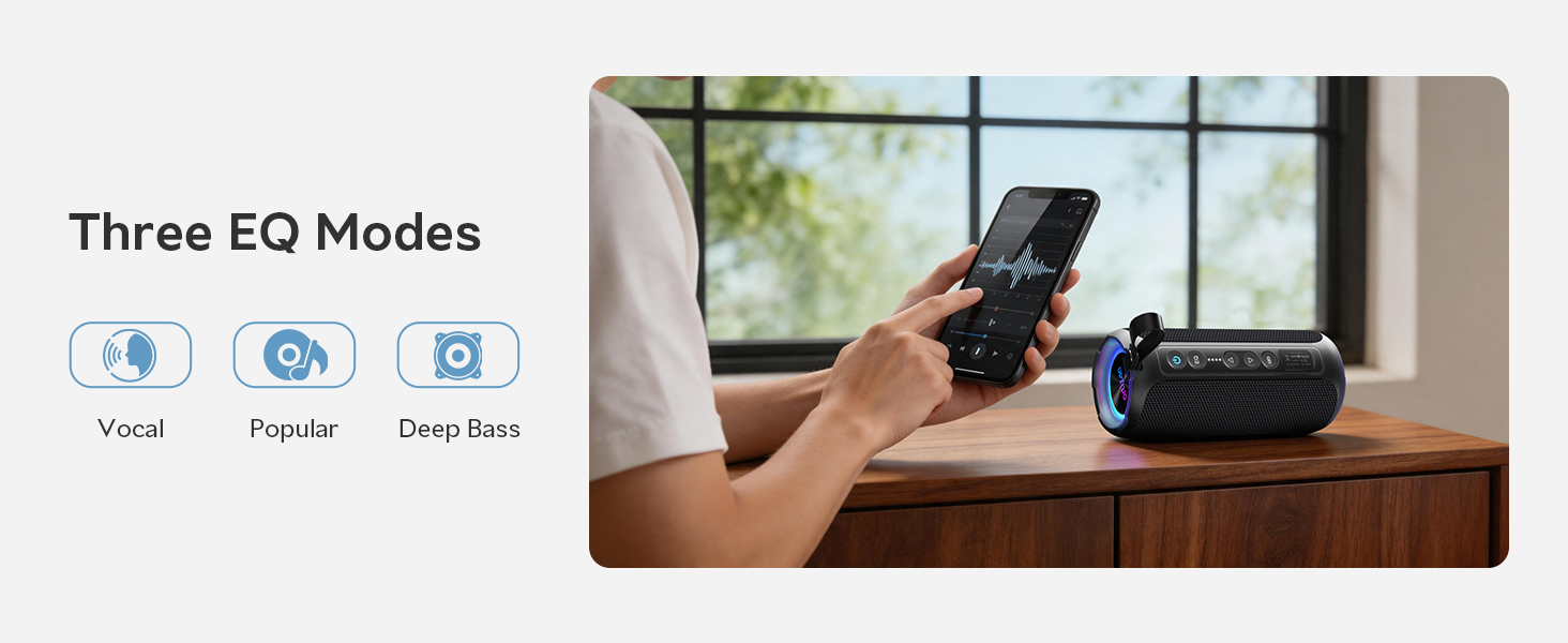 wireless speaker with 3 EQ modes: clear vocals, deep bass, and rich treble