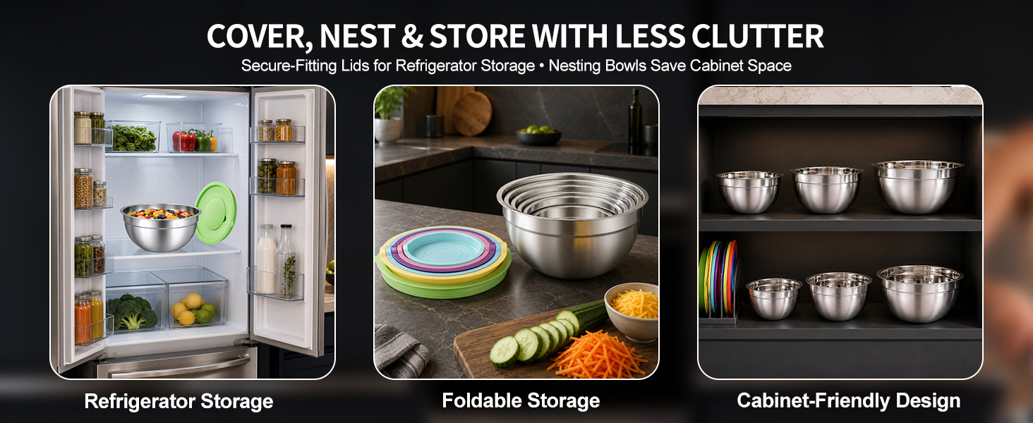 refrigerator storage; nesting bowls; cabinet space; meal prep; picture part of AI