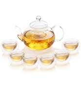 Glass Teapot Set 600ml/20.3oz Teapot with 6 Double Wall Teacups Stovetop Safe Glass Tea Kettle wi...