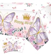 AobkDeco 3 Pieces Butterfly Birthday Tablecloths Happy Birthday Tablecloth Rectangular Watercolor...