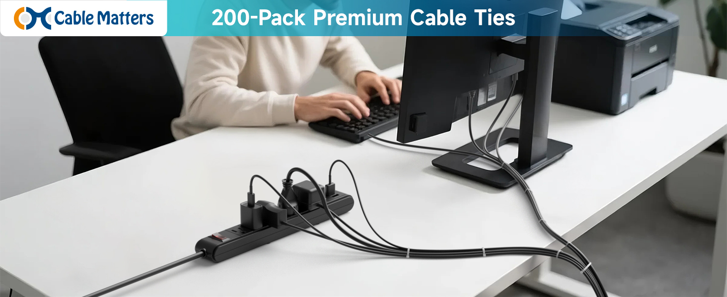 200-pack of zip ties in assorted sizes for indoor and outdoor use.
