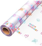 JOYIT 35 in x 100 ft Birthday Cellophane Wrap Roll - 3 Mil Thick Transparent Happy Birthday Cello...