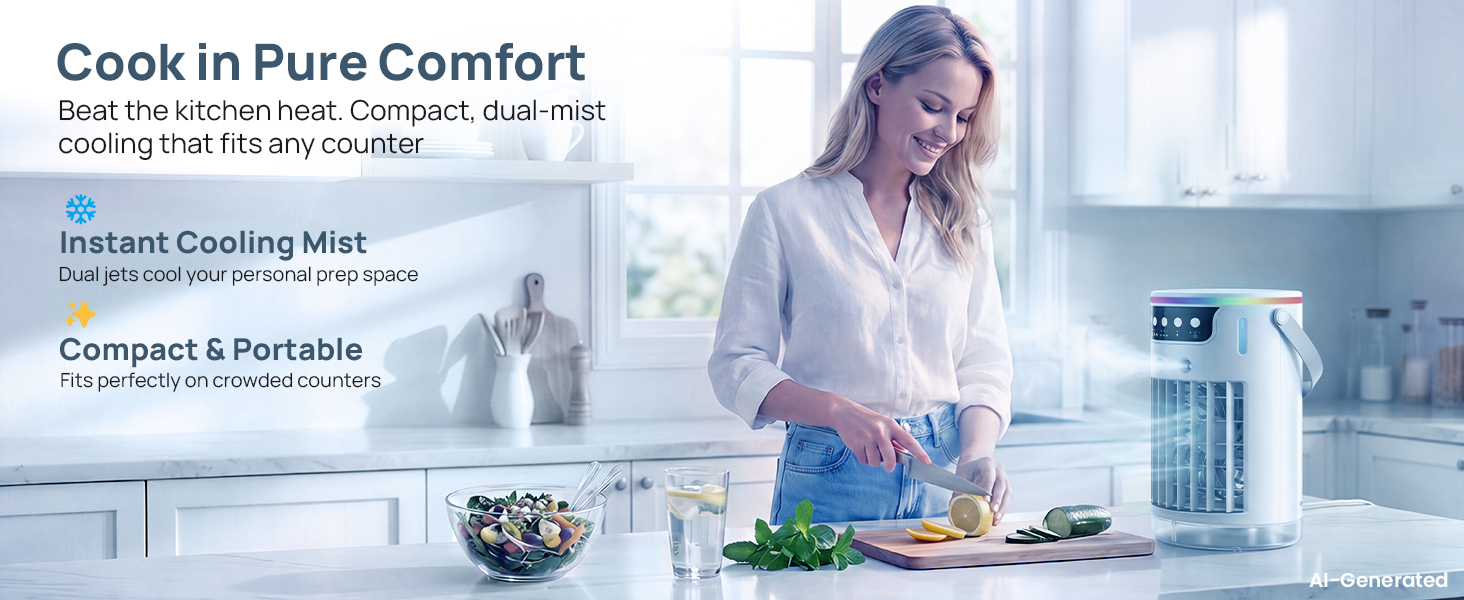 Compact dual-mist personal ac fan to beat kitchen heat on any counter