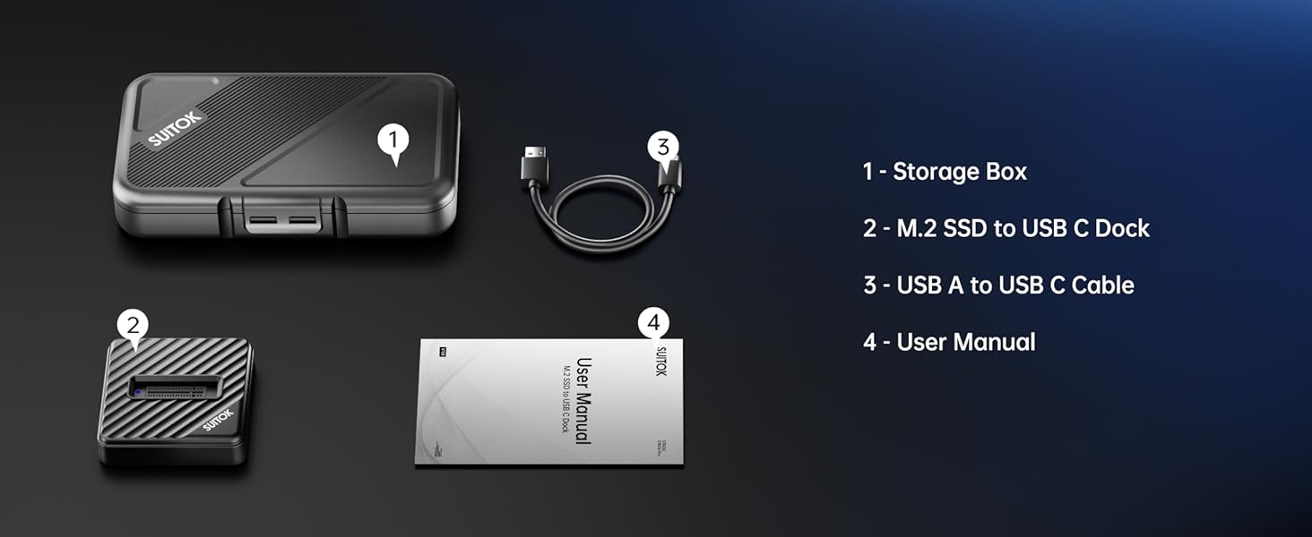 Package contents: plastic M.2 SSD reader, USB A to C cable, and storage box.