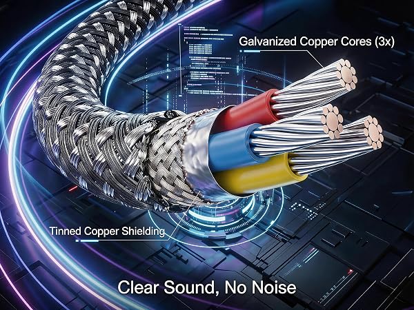 Internal structure of aux cord showing copper cores and braided shielding.