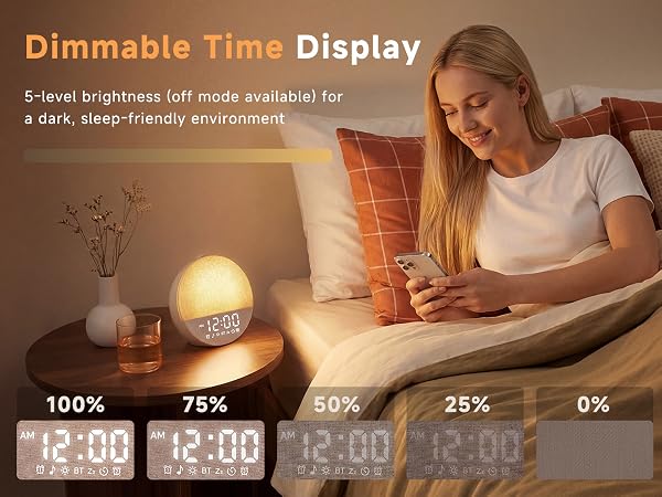 Dimmable Time Display,5-level brightness (off mode available) fora dark, sleep-friendly environment