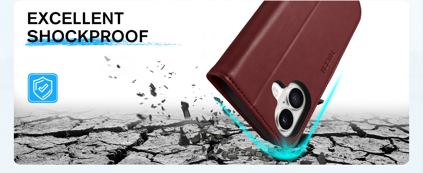 Burgundy phone case demonstrating shockproof protection. Image shows case withstanding impact, with 'EXCELLENT SHOCKPROOF' text and a shield icon.