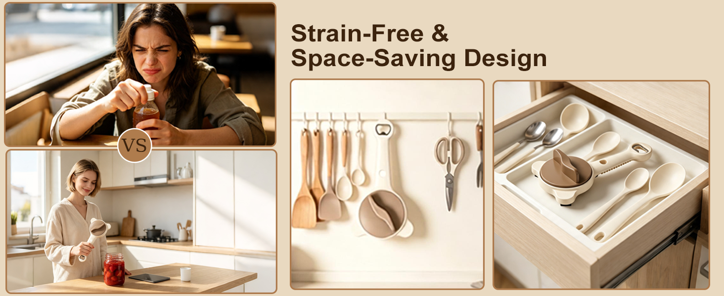 Ergonomic jar opener, effortless to use, hangable or storable in drawers.