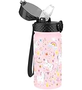 GOPPUS Kids Water Bottle (Straw Lid) - 14 Oz Stainless Steel Travel Bottle, Double Wall Vacuum Le...