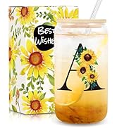 Birthday Gifts for Women, Initial Glass Cups W Lids and Straws, Sunflower Gifts for Women, Person...