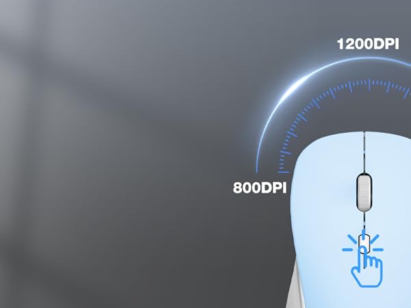 Light blue computer mouse with DPI sensitivity indicators. Circular diagram shows 800DPI, 1200DPI, and 1600DPI settings. Mouse features a central scroll wheel and finger gesture icon.