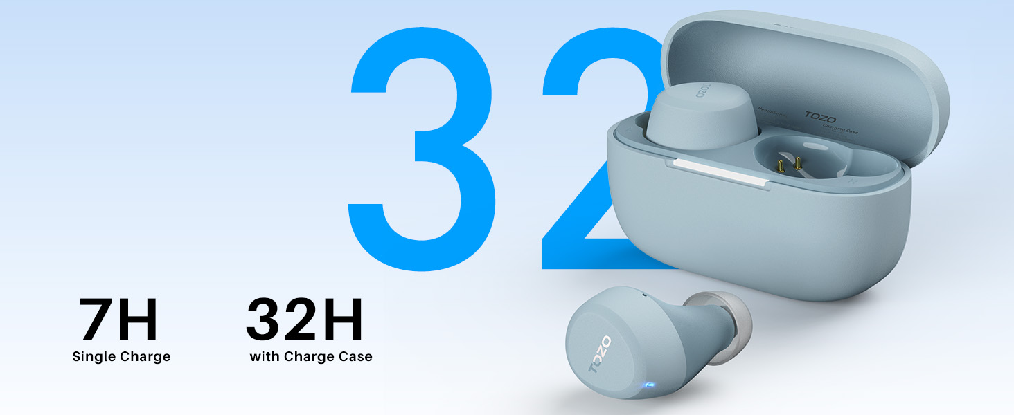 TOZO A1 earbuds with charging case showing 7 hours single charge and 32 hours total battery life