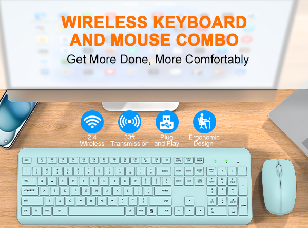 Wireless Keyboard and Mouse Combo Full Size Silent Ergonomic Keyboard Mouse Cordless Mouse Keyboard