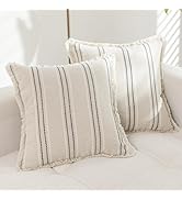 Hckot Set of 2 Decorative Linen Farmhouse Throw Pillow Covers 18×18 Cozy Boho Cushion Cover with ...