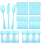 180 Pcs Blue Plastic Silverware Heavy Duty Red Plastic Cutlery Sets, Utensil Sets, 60 Forks, 60 K...
