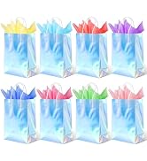 BLEWINDZ 32Pcs Iridescent Holographic Silver Gift Bags with 8-Color Tissue Paper, 8.7" Small Part...