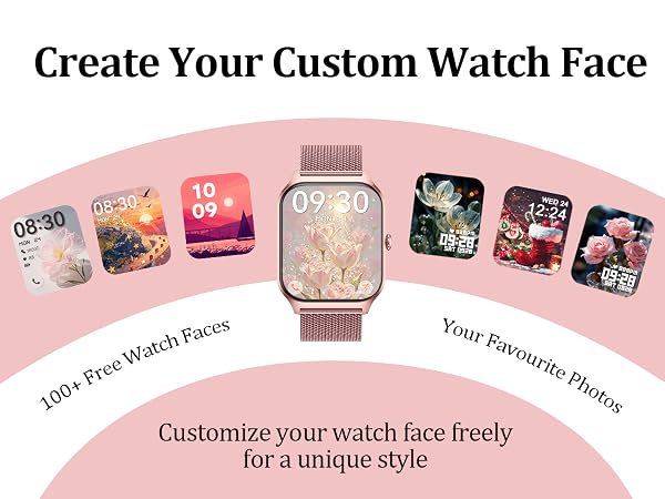 Text reads "Create Your Custom Watch Face", "180 Free Watch Faces", "Your Favorite Photo", "Customize your watch face freely for a unique style". Smartwatch customization interface showing multiple watch face design options in grid format on pink curved display.