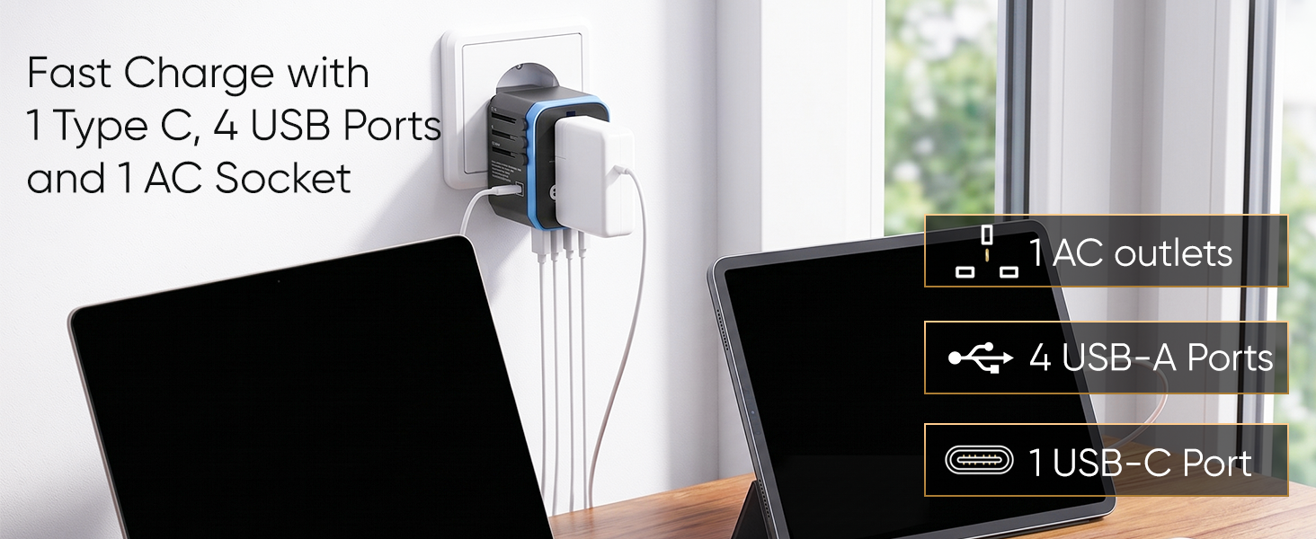 Fast Charge with 1 Type C, 4 USB Ports and 1 AC Socket