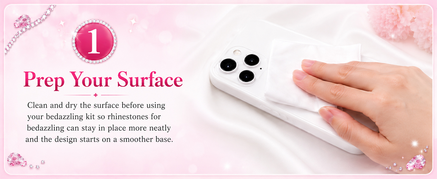 Cleaning a phone case surface before using a bedazzling kit with rhinestones