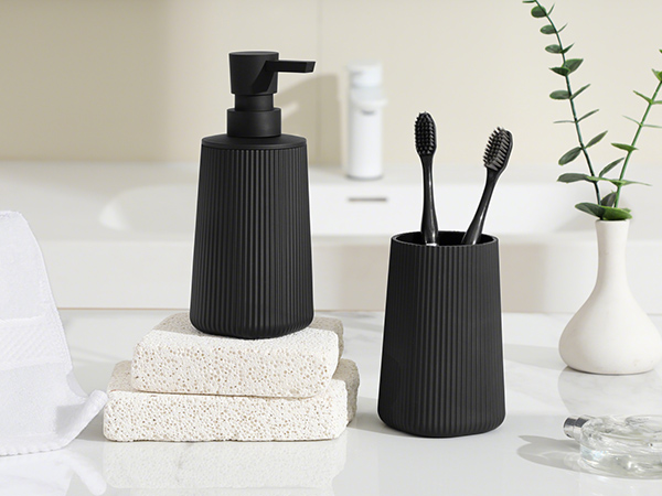 Black Striped Soap Dispenser and Toothbrush Holder Set