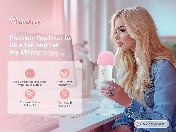 PhantAccy,Pop Filter/Windscreen for Blue Yeti and Yeti Pro Microphones, Foam Mic Cover