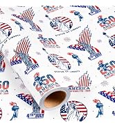Yarcony 4th of July Wrapping Paper, America 250 Years Patriotic Gift Wrap w/Red White Blue, Statu...