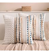 KOOLIFE Boho Chenille Tufted Couch Throw Pillow Covers 18x18 Inch Set of 2 Farmhouse Striped Deco...