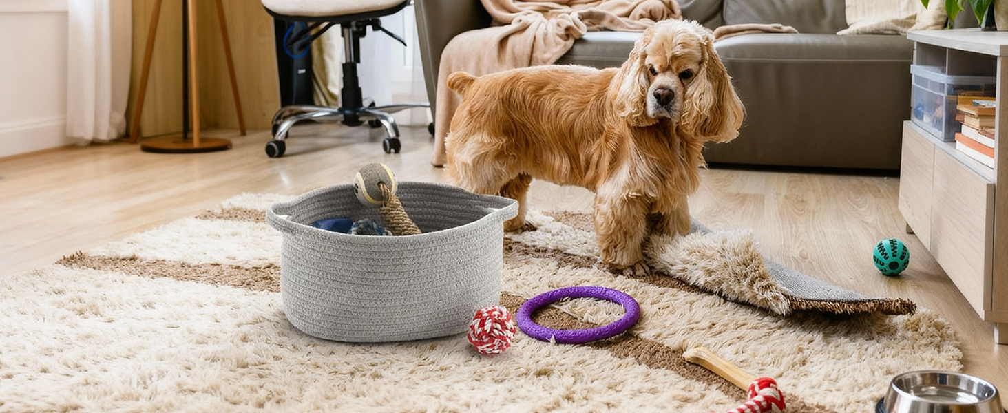 Gray cotton rope storage basket with dog toys, with a dog playing in a cozy living room
