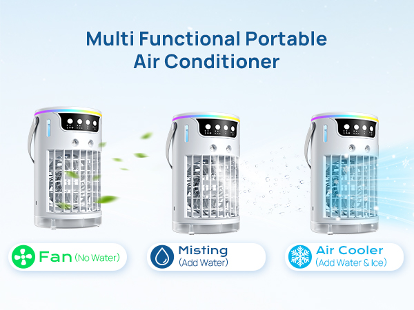 3-speed mini ac portable with icy mist from whisper-quiet breeze to strong turbo wind