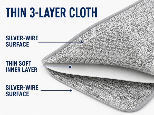 Close-up of the cloth’s silver-wire mesh and thin inner sponge layer.