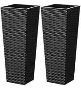 Greesum 24 Inch Tall Plastic Planters with Rattan Texture – Set of 2, Detachable Inner Pot & Drai...