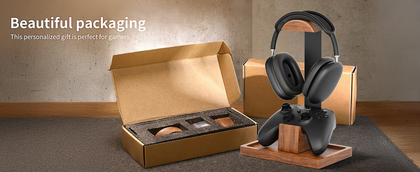 Solid Walnut Wood Headphone Stand with Controller Holder|2-in-1 Gaming Desk Organizer|for PS5
