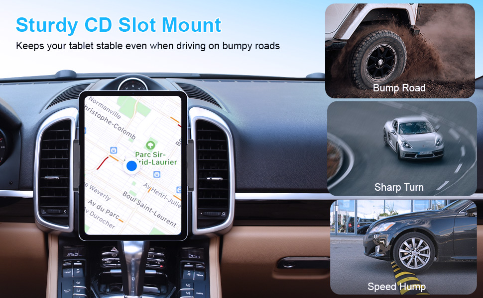 Car dashboard tablet mount demonstration showing CD slot installation, with additional panels displaying vehicle stability on bumpy roads and turns.